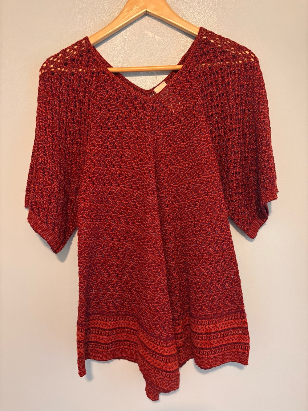 Red V-Neck Crochet Knit Women’s Short Sleeve Blouse